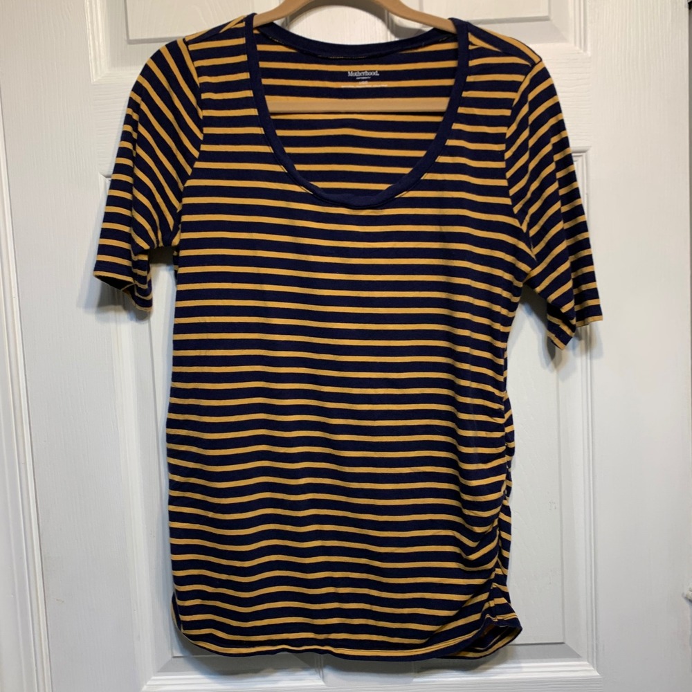 Motherhood Maternity Top Size L Navy Yellow Striped Nautical Casual Comfortable